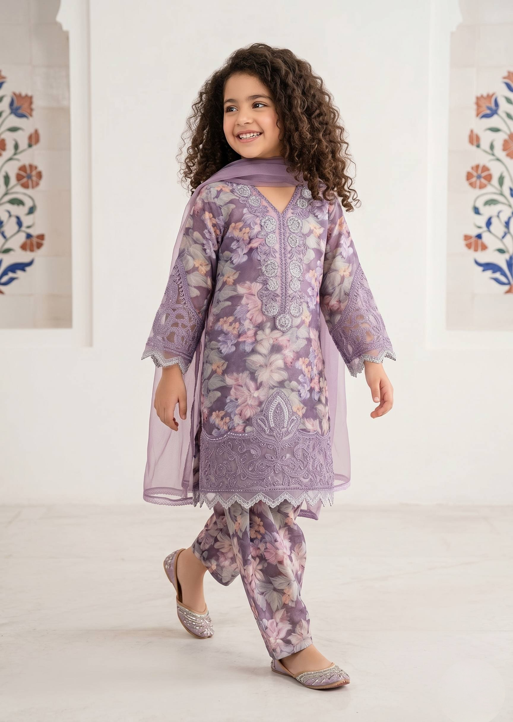 Lavender Floral Embroidered Kurta Set
