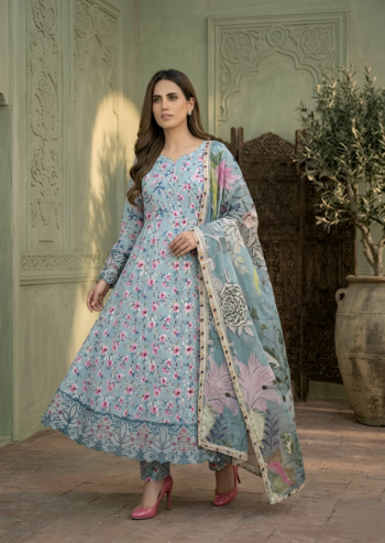 Floral Digital Print Lawn Flared Maxi with Dupatta & Trouser