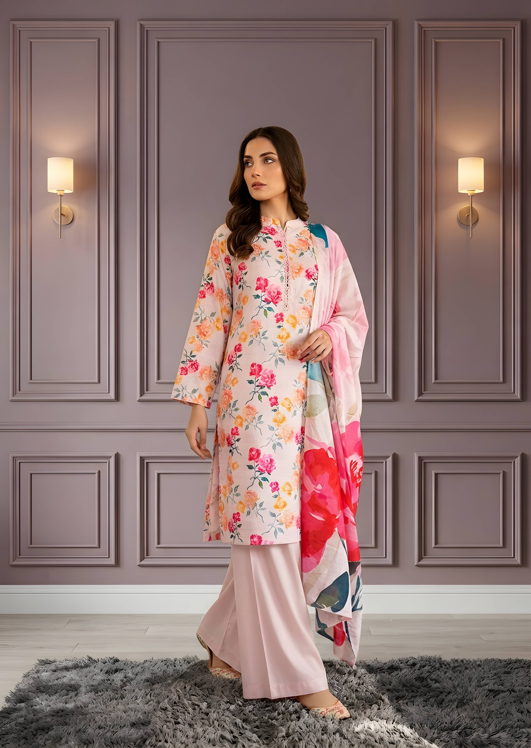 Pink Floral Printed Lawn 3-Piece