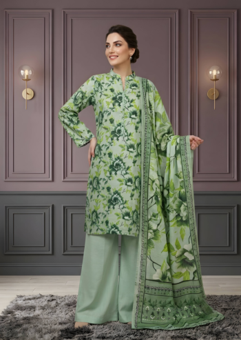 Elegant Green Floral Printed Lawn Kurta Set with Palazzo and Dupatta