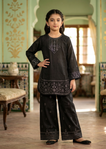 Kids' Black Embroidered Lawn Kurta with Straight Trousers
