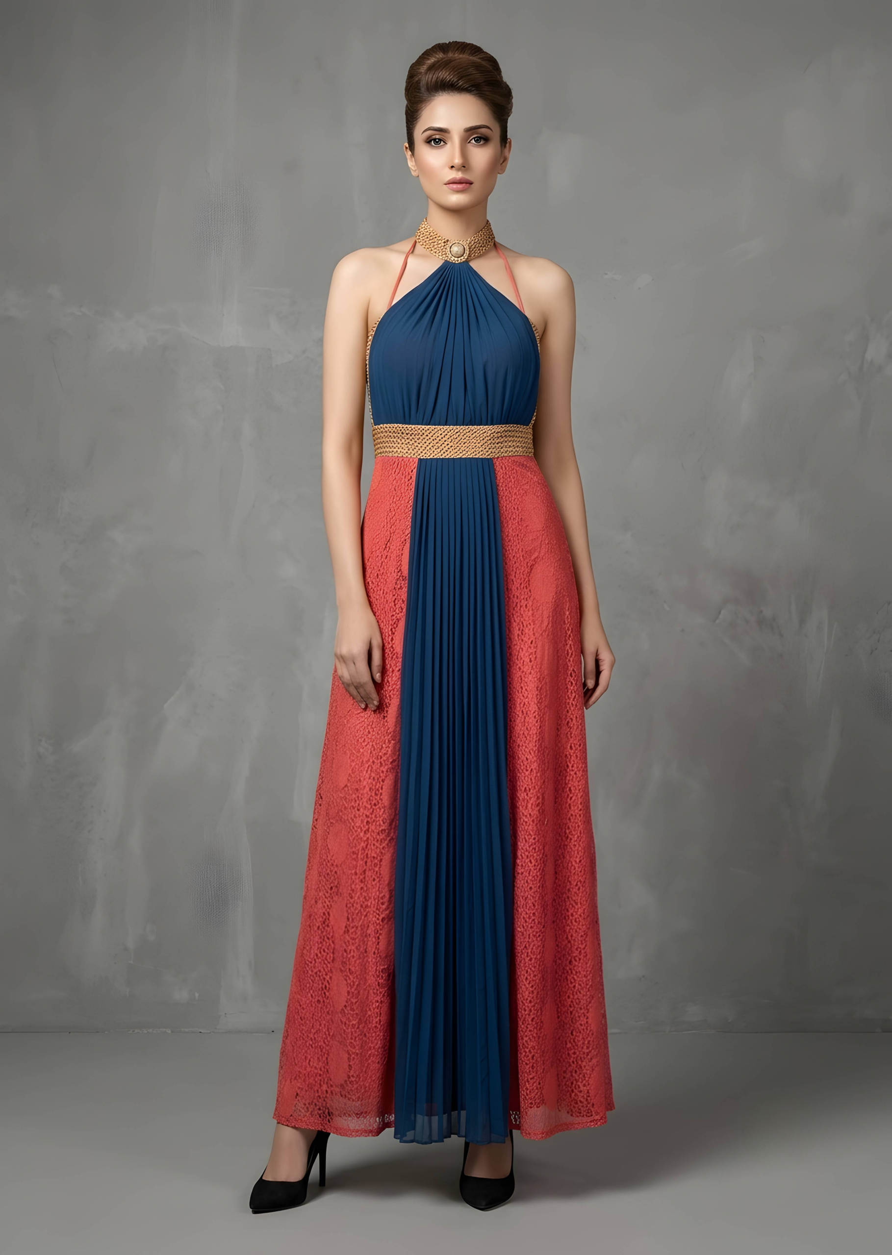 Navy Blue and Coral Pleated Maxi