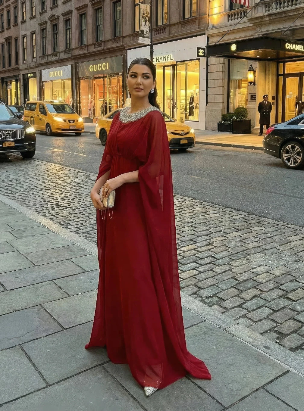 Hot Red Cape Sleeve Maxi Dress