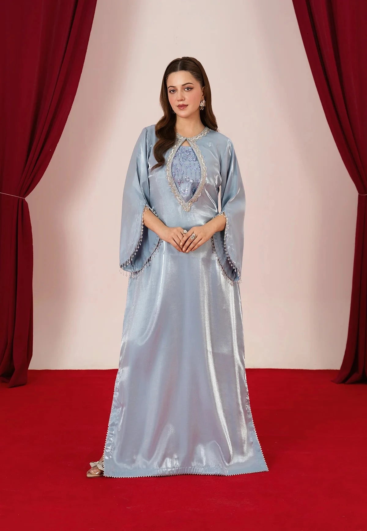 Ice Blue Glossy Silk Kaftan