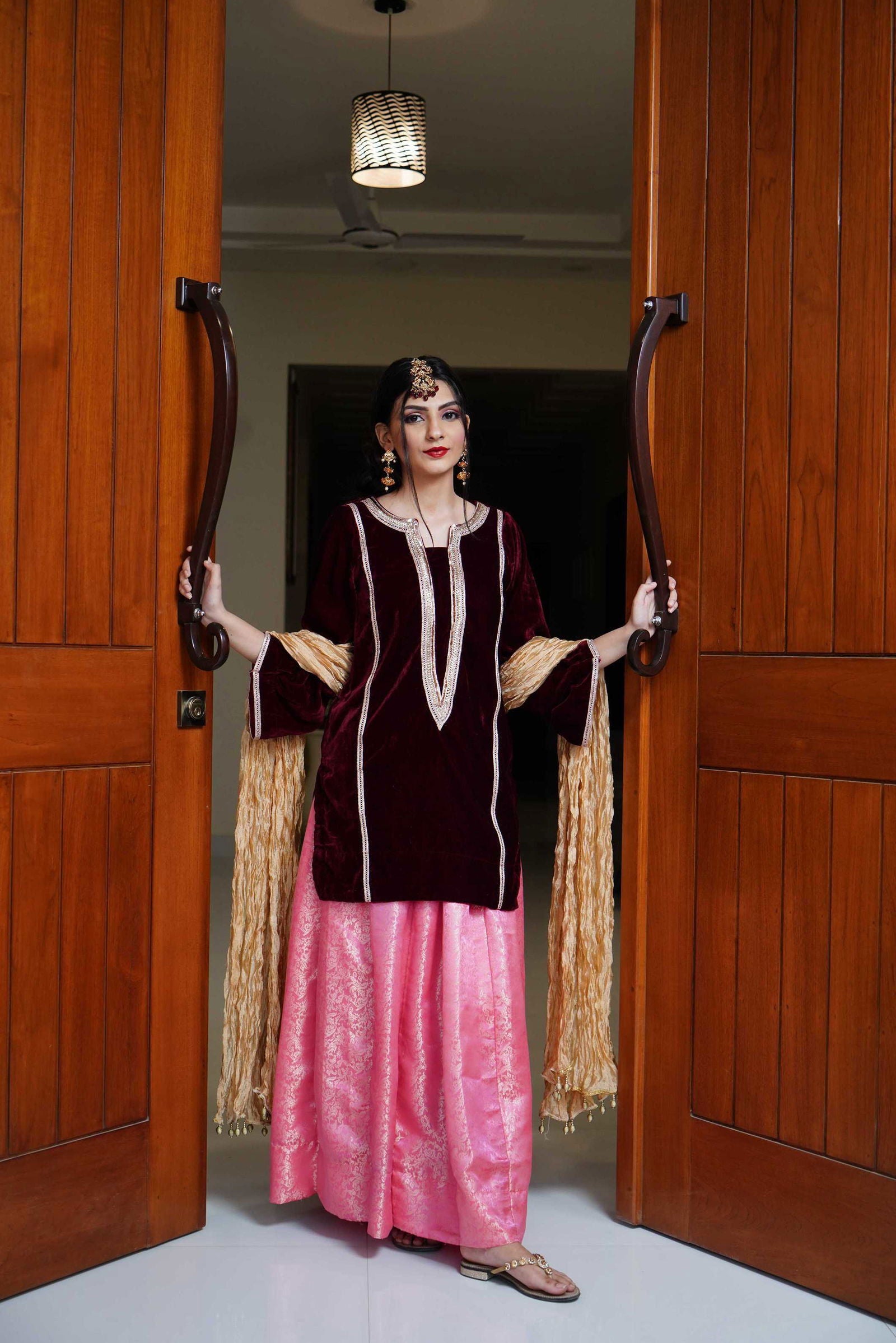 Maroon Velvet with pink lehanga