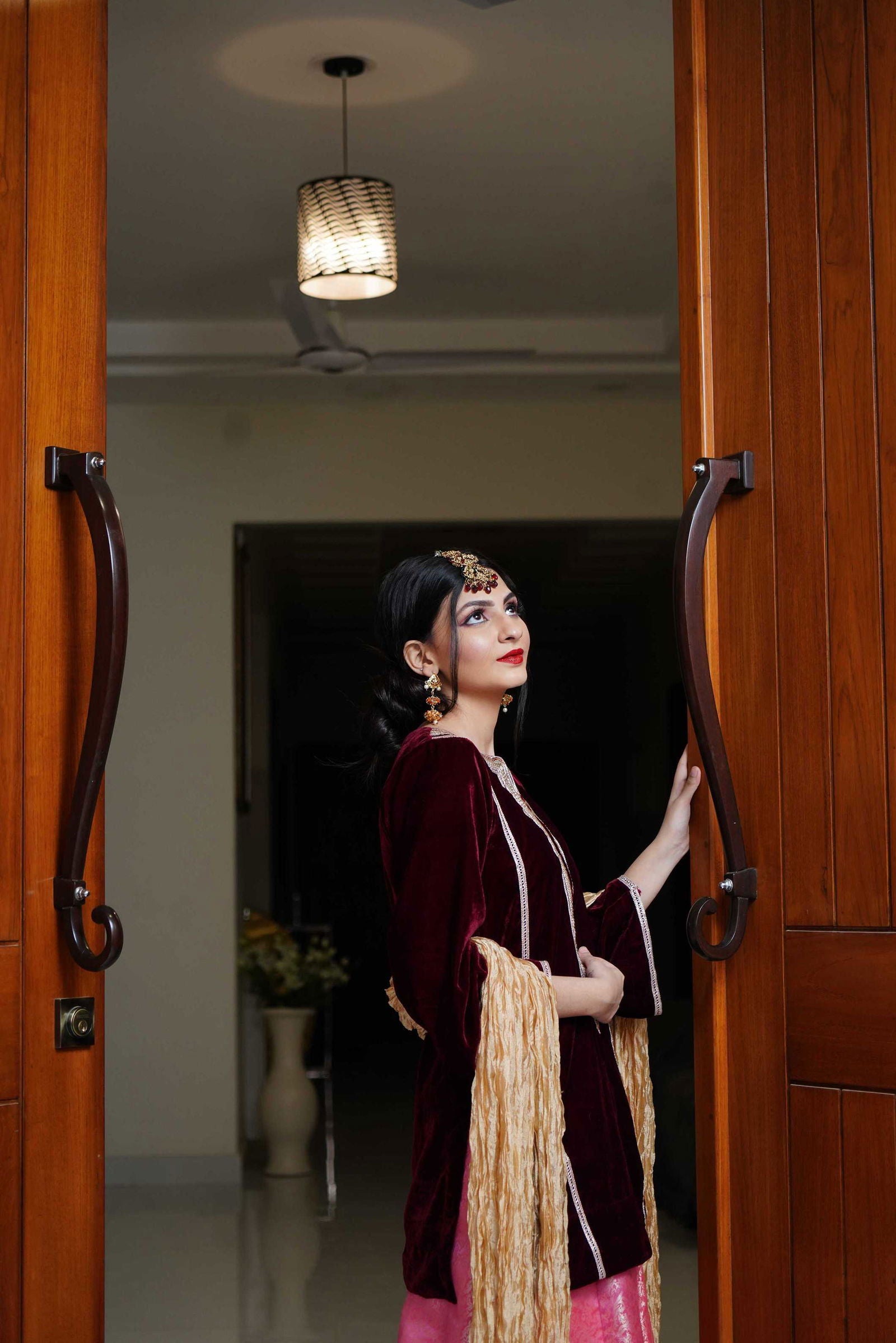 Maroon_Velvet_with_pink_lehanga_-_Mataish-7990262