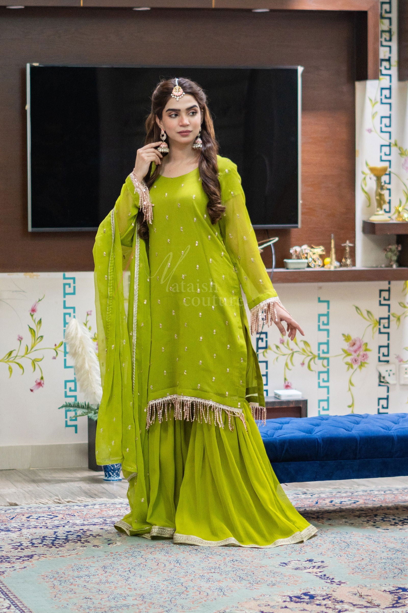 Parrot Green Embroidered Garara