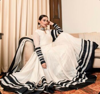 White Strip Anarkali