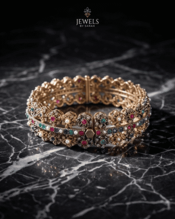 22k Gold Polish Openable Multicolor Antique Bangle with Pearls & Safety Chain
