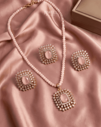 Gold Plated AD Zircon Pendant Necklace Set with Crystal Beads Chain, Stud Earrings & Ring | Available in 5 Colors