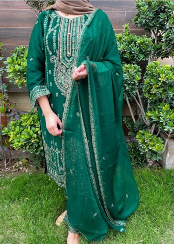 Forest Green ? Embroidered Chiffon 3PC Kurta