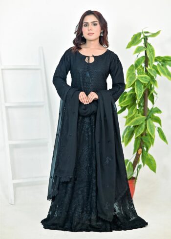 Black Luxury Embroidered Chiffon 3PC Maxi Set