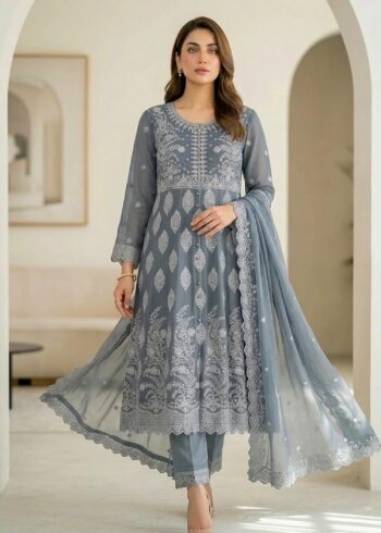 Noor-e-Silver ? Light Grey Luxury Embroidered Chiffon 3PC pishwas Set