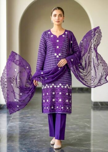 Amethyst Grace ? Purple Premium Embroidered Linen 3PC Suit with Chiffon Dupatta