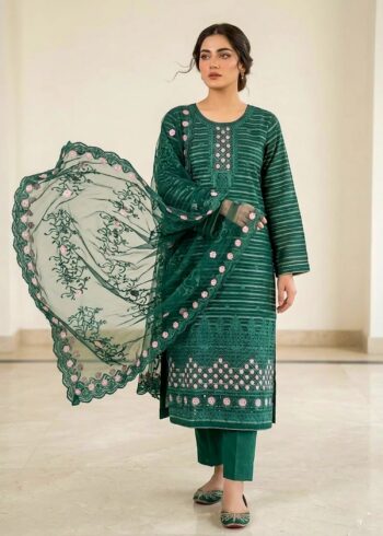 Emerald Grace ? Dark Green Premium Embroidered Linen 3PC Suit with Chiffon Dupatta