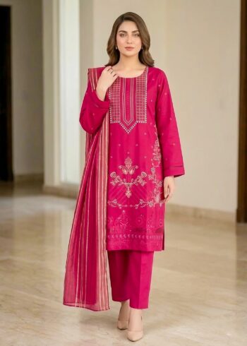 Pink Bloom Premium Embroidered Lawn 3PC Kurta Set with Printed Dupatta