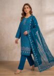 Teal Whisper ? Teal Premium Embroidered Linen Dress with Chiffon Dupatta