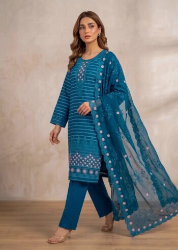 Teal Whisper ? Teal Premium Embroidered Linen Dress with Chiffon Dupatta