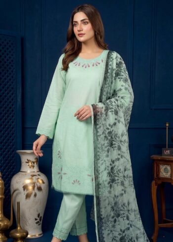 Mint Green Embroidered Lawn Kurta Set with Printed Chiffon Dupatta