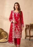 Red Embroidered Chiffon Kurta Set with Dupatta