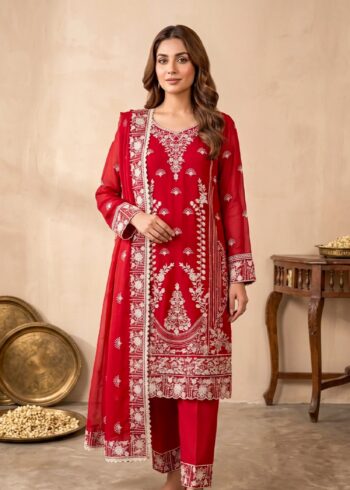 Red Embroidered Chiffon Kurta Set with Dupatta