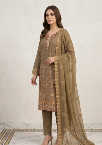 Olive Green Embroidered Lawn Kurta Set with Chiffon Dupatta
