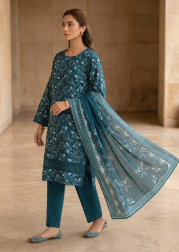 Teal Blue Floral Printed Lawn Kurta Set with Dupatta