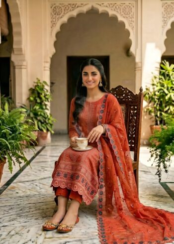Rust Orange Embroidered Cotton Kurta Set with Chiffon Dupatta