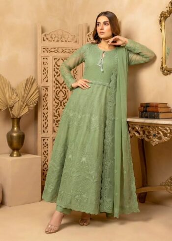 Sage Green Embroidered Chiffon Flared Maxi with Trousers & Dupatta
