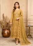 Olive Green Embroidered Flared Maxi with Trousers & Dupatta