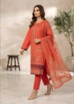 Coral Orange Embroidered Cambric Kurta Set with Dupatta