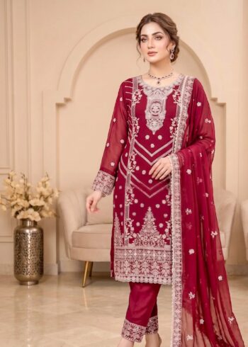 Elegant Maroon Embroidered Chiffon Kurta Set with Dupatta