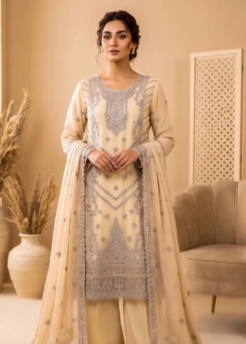 Elegant Off-White Embroidered Chiffon Kurta Set with Dupatta