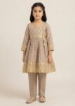 Girls Beige Angrakha Style Flared Short Frock with Trousers