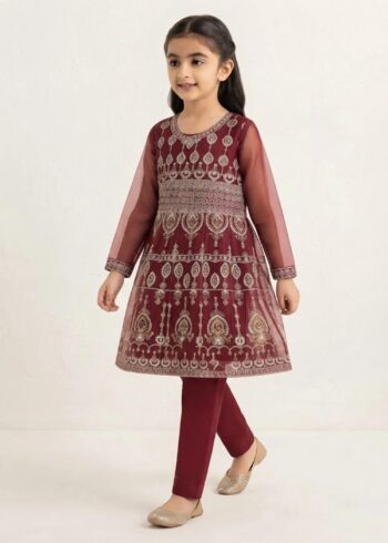 Girls Maroon Embroidered Flared Short Frock with Trousers