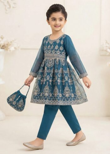 Embroidered Navy Blue Flared Short Frock with Straight Trousers