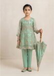 Kids Mint Green Embroidered Flared Kurta Set