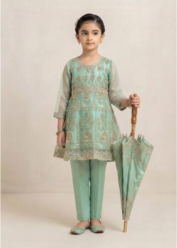 Kids Mint Green Embroidered Flared Kurta Set