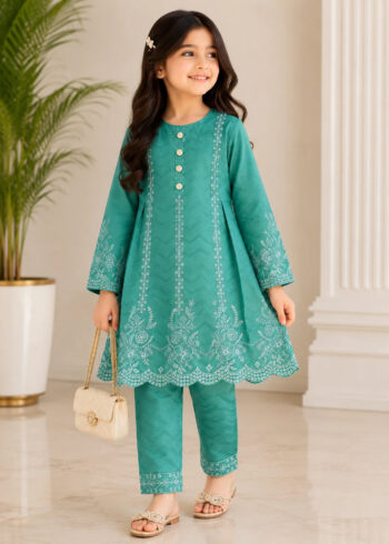 Kids Sea Green Embroidered Cotton Short Frock