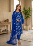 Royal Blue Embroidered Lawn Kurta Set with Chiffon Dupatta