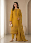 Mustard Embroidered Cotton Kurta Set with Lawn Dupatta