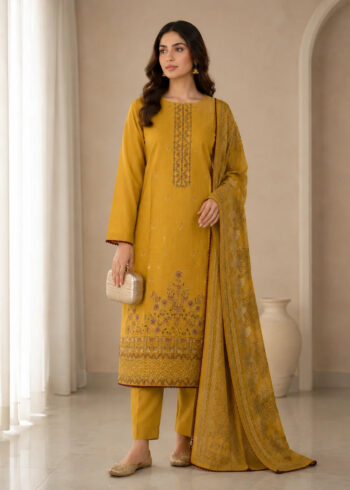 Mustard Embroidered Cotton Kurta Set with Lawn Dupatta