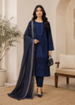 Navy Blue Embroidered Lawn Kurta Set with Striped Dupatta