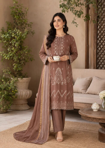Embroidered Coffee Brown Cotton Kurta Set with Dupatta