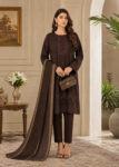 Dark Brown Embroidered Cotton Kurta Set with Striped Lawn Dupatta