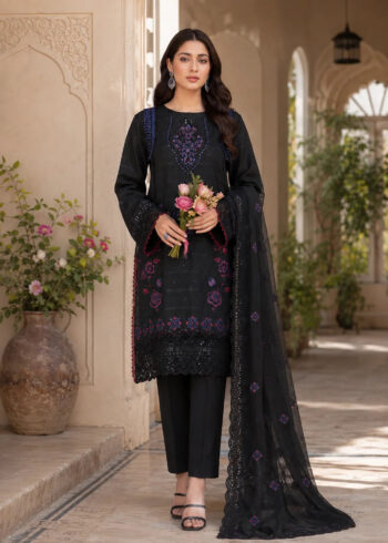 Black Embroidered Kurta Set with Cutwork & Chiffon Dupatta