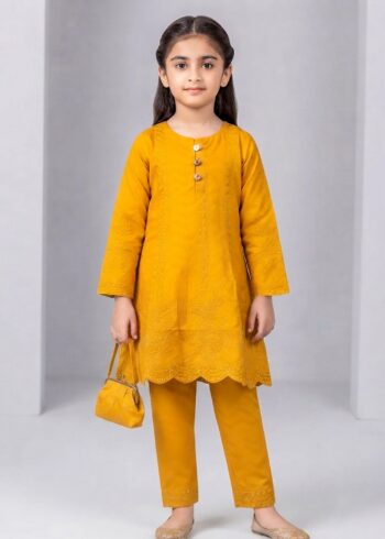 Girls Mustard Embroidered Kurta Set with Trousers