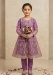 Girls Lavender Embroidered Organza Flared Short Frock with Raw Silk Trousers