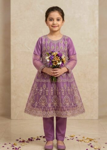 Girls Lavender Embroidered Organza Flared Short Frock with Raw Silk Trousers