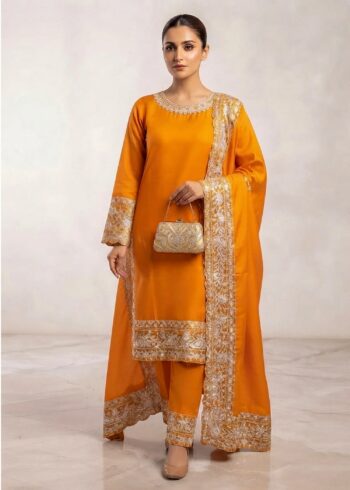 Amber Muse ? Orange Luxury Embroidered Chiffon 3PC Set with Embroidered Dupatta & Silk Trouser